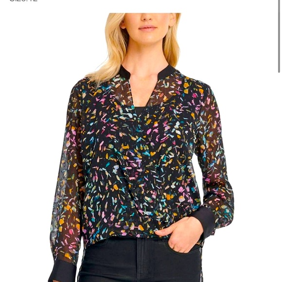 Dkny Tops - DKNY Womens Black Printed Long Sleeve V Neck Blouse Size: M